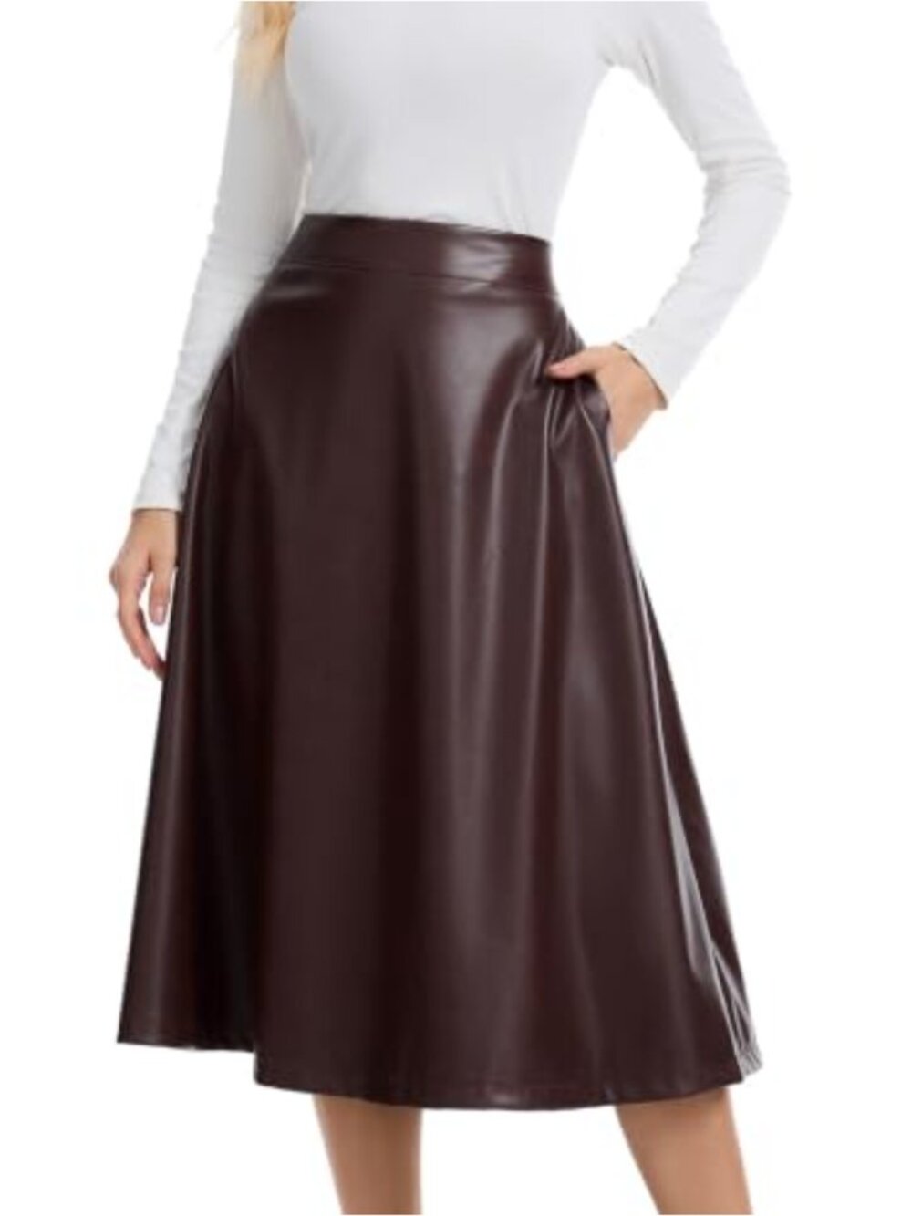Faux Leather High Waist A-Line Midi Skirt with Pockets